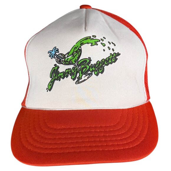 Vintage 80s Jimmy Buffett Trucker Hat Orange Mesh Snapback White Foam Front - Picture 1 of 6
